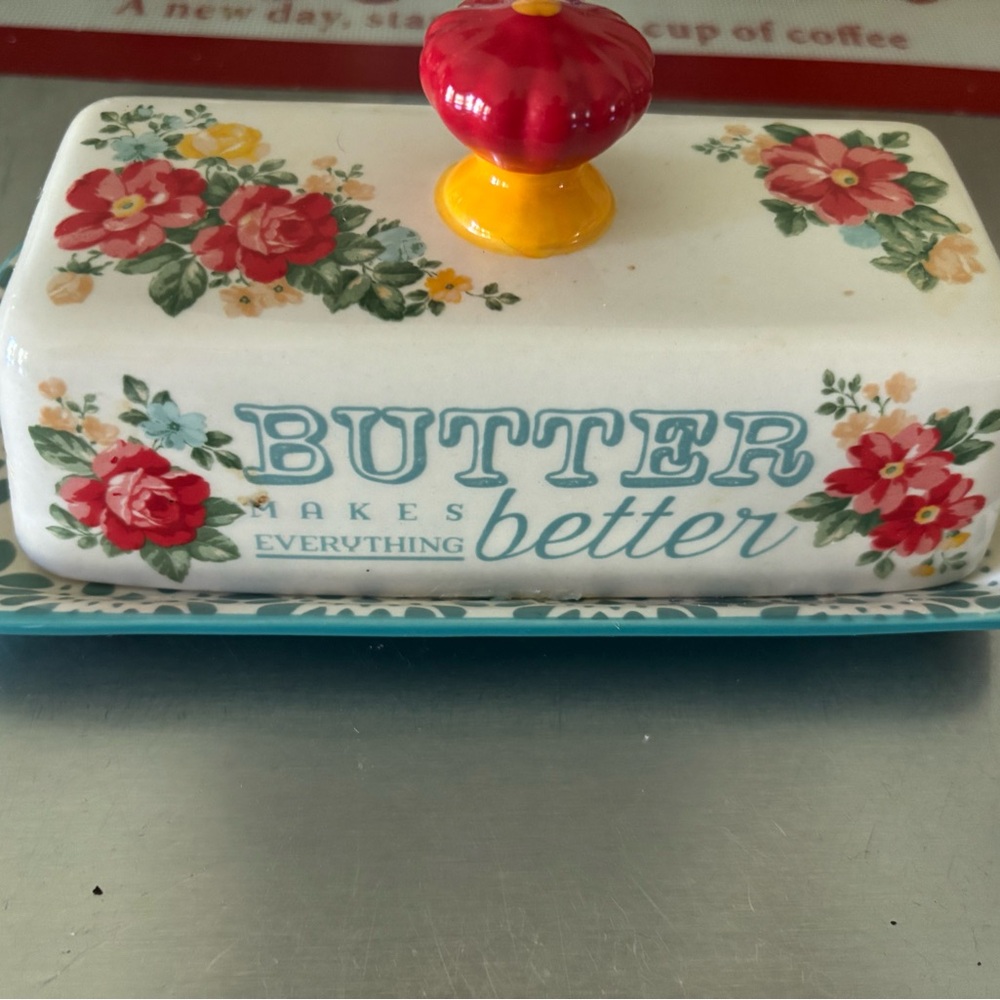 Pioneer Women Floral Butter Dish with Red and Yellow flowers.